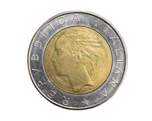 Italy five hundred lira coin on a white isolated background