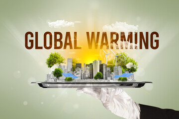 Waiter serving eco city with GLOBAL WARMING inscription, renewabke energy concept