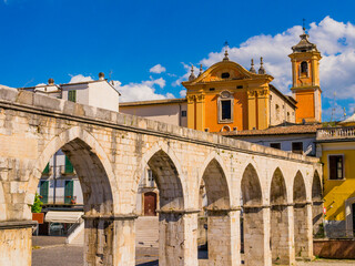 Obraz na płótnie Canvas Impressive view of Sulmona historical center and its majestic roman aqueduct, Abruzzo region, central Italy