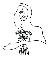 One line drawing of  woman holding bouquet of tulips in her hands.
One continuous line drawing of  woman and flowers.

