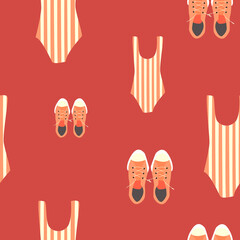 Summer seamless pattern with women's swimsuits and sneakers on red background