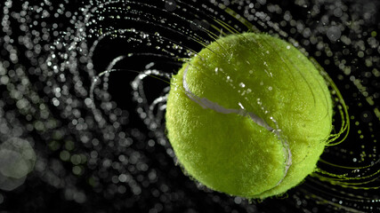 Water splashes from a spinning tennis ball