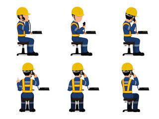 set of industrial worker is using telephone