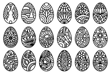 Easter eggs illustration set. Collection of patterned, ornate eggs with flowers, rabbits, and abstract  shapes. Easter decorative egg set.
