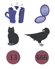 vector graphics set of bad luck symbols in flat style isolated on white background. Hand-drawn illustration of a black cat, black raven, broken mug, broken mirror, numbers 13 and 666.