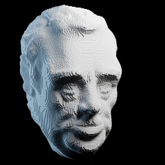 Illustration of an old man's head created from small white cubes. 3D render on black background