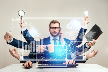 Businessman with many hands in a suit. Works simultaneously with several subjects, business virtual...