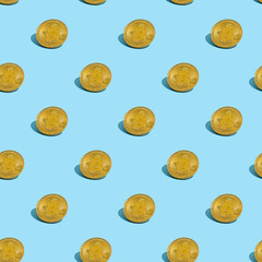Golden bitcoin seamless pattern. Cryptocurrency Coins wit shadows repeat on blue background. - obrazy, fototapety, plakaty
