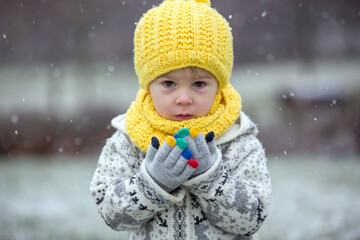 Beautiful blond toddler child, boy, with handmade knitted sweater playing in the park with first snow