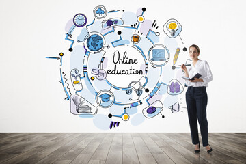 Woman with notebook and colourful sketch doodle with online education icons