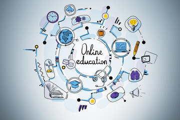 Colourful sketch doodle with online education icons on blue background
