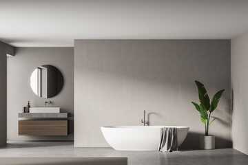 Naklejka na ściany i meble Modern bathroom interior with sink and white bathtub in eco minimalist style. No people. 3D Rendering Mock up