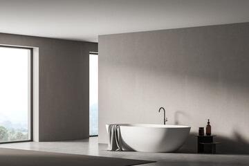 Fototapeta na wymiar Modern bathroom interior with white bathtub, shampoo table, panoramic window. Room designed in eco minimalist style. Mock up wall space. No people. 3D Rendering