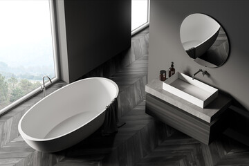 Modern bathroom interior with sink and white bathtub near window in eco minimalist style. Top view. Parquet floor. No people. 3D Rendering