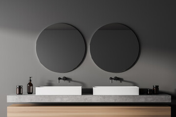 Modern bathroom interior with double sink in eco minimalist style, two round mirrors. Close up. No people. 3D Rendering