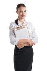 Obraz premium Businesswoman in office clothes with clipboard, isolated over wh