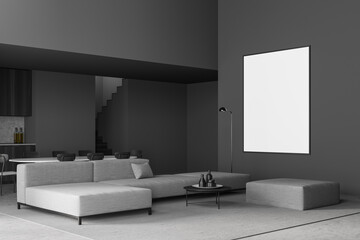 White poster on wall. Luxurious and modern interior of living room. Kitchen area with dining table. Ladder to second floor. Huge couch in the middle of the apartment space. 3D rendering. Mock up.
