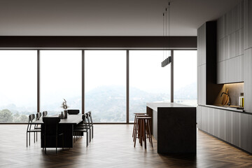 Wooden dining room, bar chairs and table near window