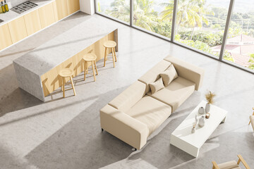 Top view of kitchen room with light furniture and panoramic window