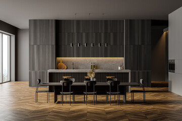 Kitchen with wooden minimalist furniture and window