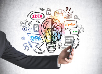 Businessman with smartphone and lightbulb sketch doodle