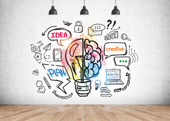 Colorful online business education and distance learning sketch drawn on concrete wall, wooden floor. Concept of studying and future career opportunities. Lightbulb, idea, brainstorm and creativity © ImageFlow