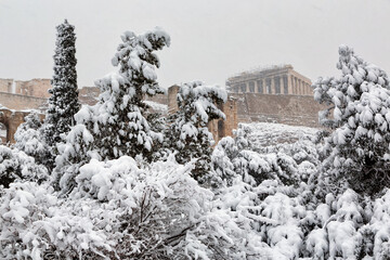 Snow in Athens - Acropolis and the Parthenon