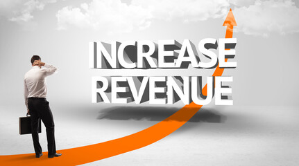 Rear view of a businessman standing in front of INCREASE REVENUE inscription, successful business concept