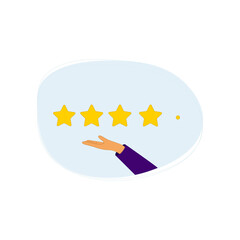 Star rating. Four stars of quality. Vector flat illustration score stars with hand.