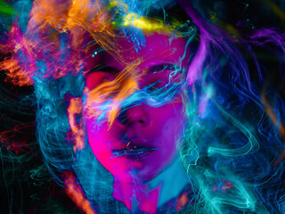 Abstract portrait of a girl in multicolored smoke, light painting photo