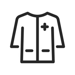 Medical gown icon for doctors and first aid workers and patients. Long sleeve, pockets. Vector thin line linear illustration. Editable outline for web, UI, stories highlights.