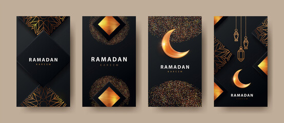 Ramadan Kareem modern design with geometric arabic gold pattern, sand, lanterns and bright crescent on black background.Template set of covers, gift cards, labeles, web banners, social media stories - obrazy, fototapety, plakaty