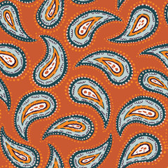 Hand-Drawn Artistic Colorful Paisley Vector Seamless Pattern. Boho Traditional Ethnic Fashion Shawl Print. Line Painterly Doodle Folk Foulard Texture Background