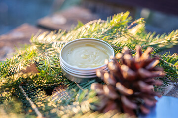 home made organic natural spruce pine tree resin  oitnment salve cream  - obrazy, fototapety, plakaty