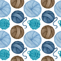 Watercolor Yarn Skeins Seamless Pattern. Colorful turquoise blue brown Wool Threads Balls. Knitting, Crochet Hobby. Hand drawn background for knitters blog design, wrapping paper, textile, package