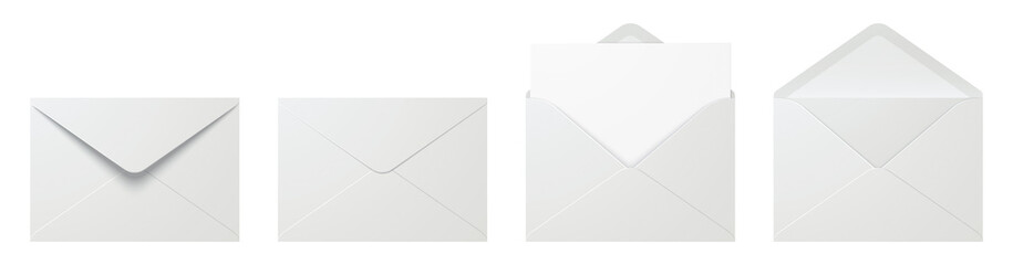 Vector set of realistic white envelopes in different positions. Folded and unfolded envelope mockup isolated on a white background. - obrazy, fototapety, plakaty