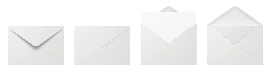Foto op Plexiglas Vector set of realistic white envelopes in different positions. Folded and unfolded envelope mockup isolated on a white background. © Topuria Design
