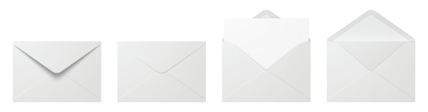 Vector set of realistic white envelopes in different positions. Folded and unfolded envelope mockup isolated on a white background.
