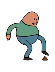 A schematic man cartoon is about to step o a poop. vector illustration