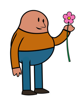 a happy schematic man cartoon getting a flower in his hand to gift someone. vector illustration
