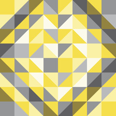 Abstract background, geometric shapes, triangles arranged in heart shapes. The color trends of 2021 are yellow and gray. Textured for fabric, tile, cover, poster, flyer, wall. Vector illustration.