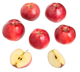 Red delicious apples isolated with cuts slices on white background.