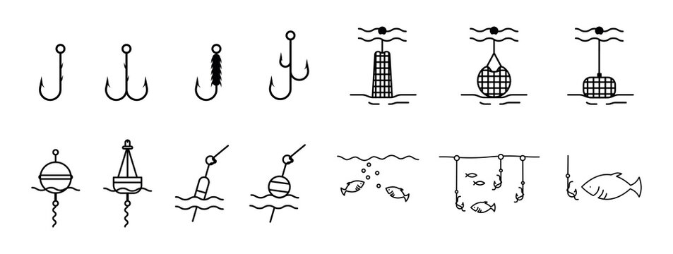 Fishing apartments icon set. This icon is the icon symbol showing fishing technique. Editable icon set. Fishing club or online web shop creative vector line art.