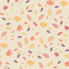 Seamless repeat pattern of autumn foliage leaves. Background with flying autumn leaves of oak and maple.