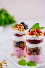 Pannacotta with berries, greek yogurt and granola.