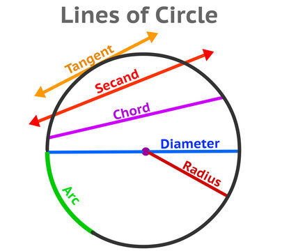 Circle lines, parts. With lines on single circle ; tangent, secant, chord, arc, diameter, radius. Description with colored arrows. explanations. Maths, trigonometry, geometry illustration vector