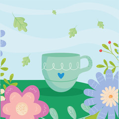 Spring mug with flowers and leaves outside vector design