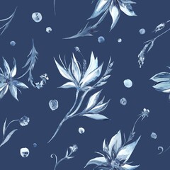 Watercolor hand-painted Fresh Blue Garden Seamless Pattern