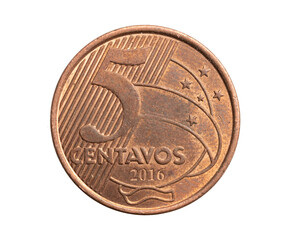 Brazil five centavos coin on white isolated background