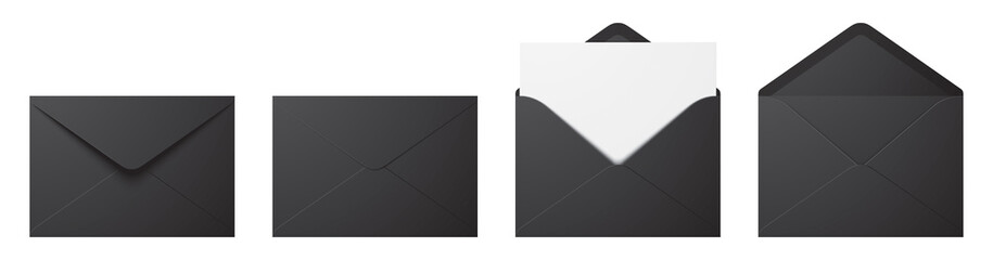 Vector set of realistic black envelopes in different positions. Folded and unfolded envelope mockup isolated on a white background. - obrazy, fototapety, plakaty